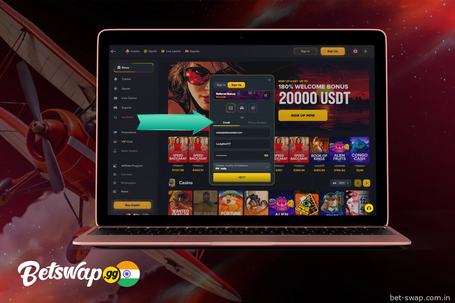 Choose Betswap registration method: email or phone