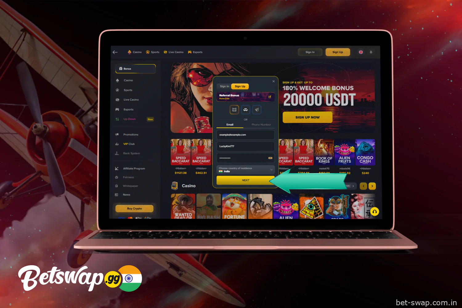 Go to the next step of registration on Betswap