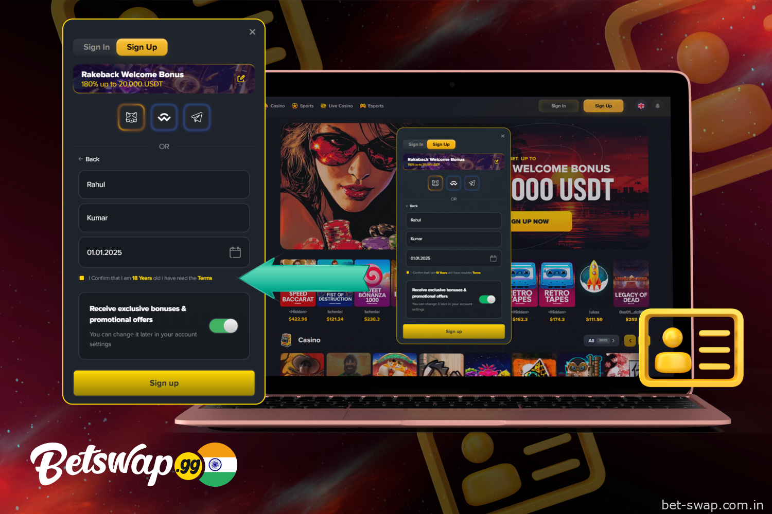 Submit personal data and accept all Betswap terms