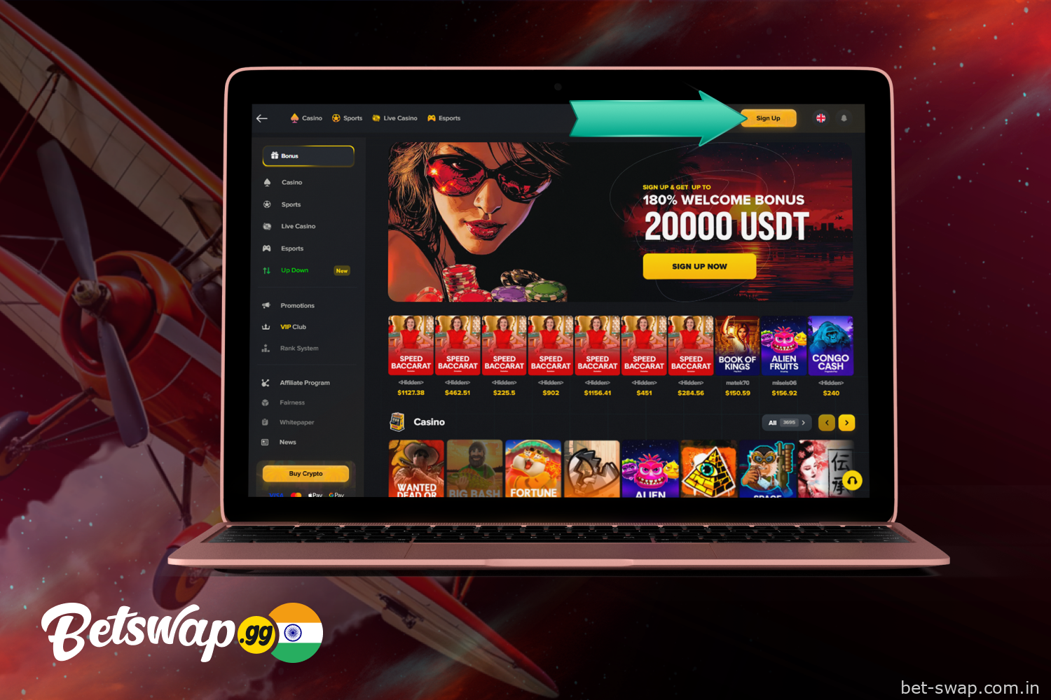 Click the yellow “Sign Up” button on the Betswap website