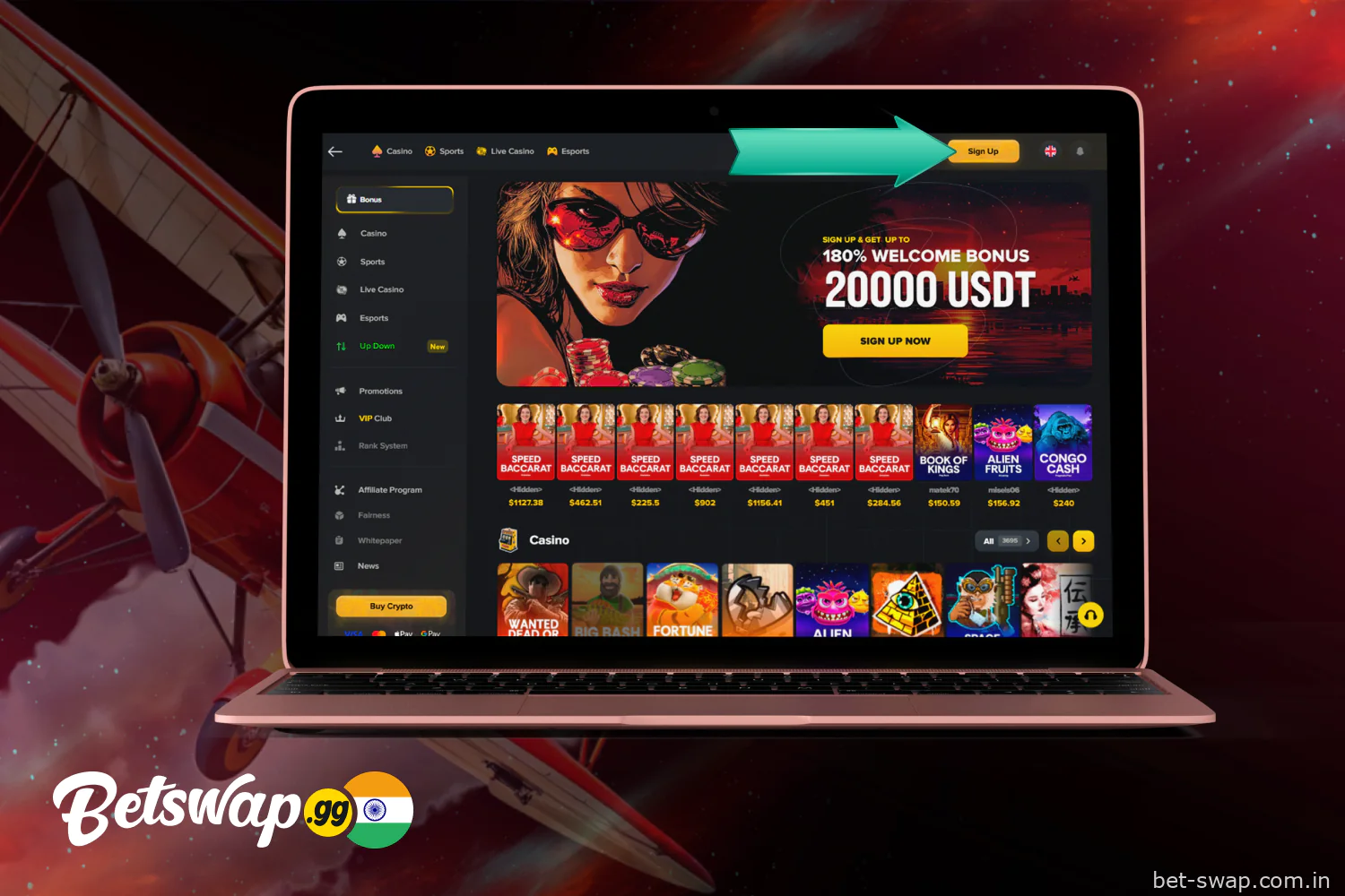 Click the yellow “Sign Up” button on the Betswap website