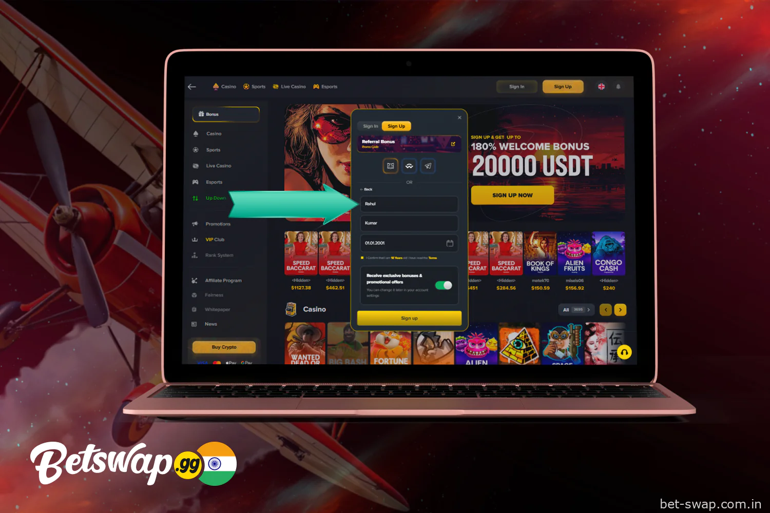 Enter your personal information in the Betswap form